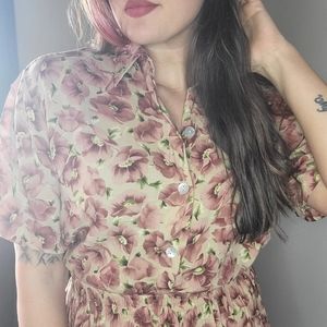 Vintage 90s Y2k Vivoli Skirt Blouse Floral Set Womens L* Pink Blush Green Flower